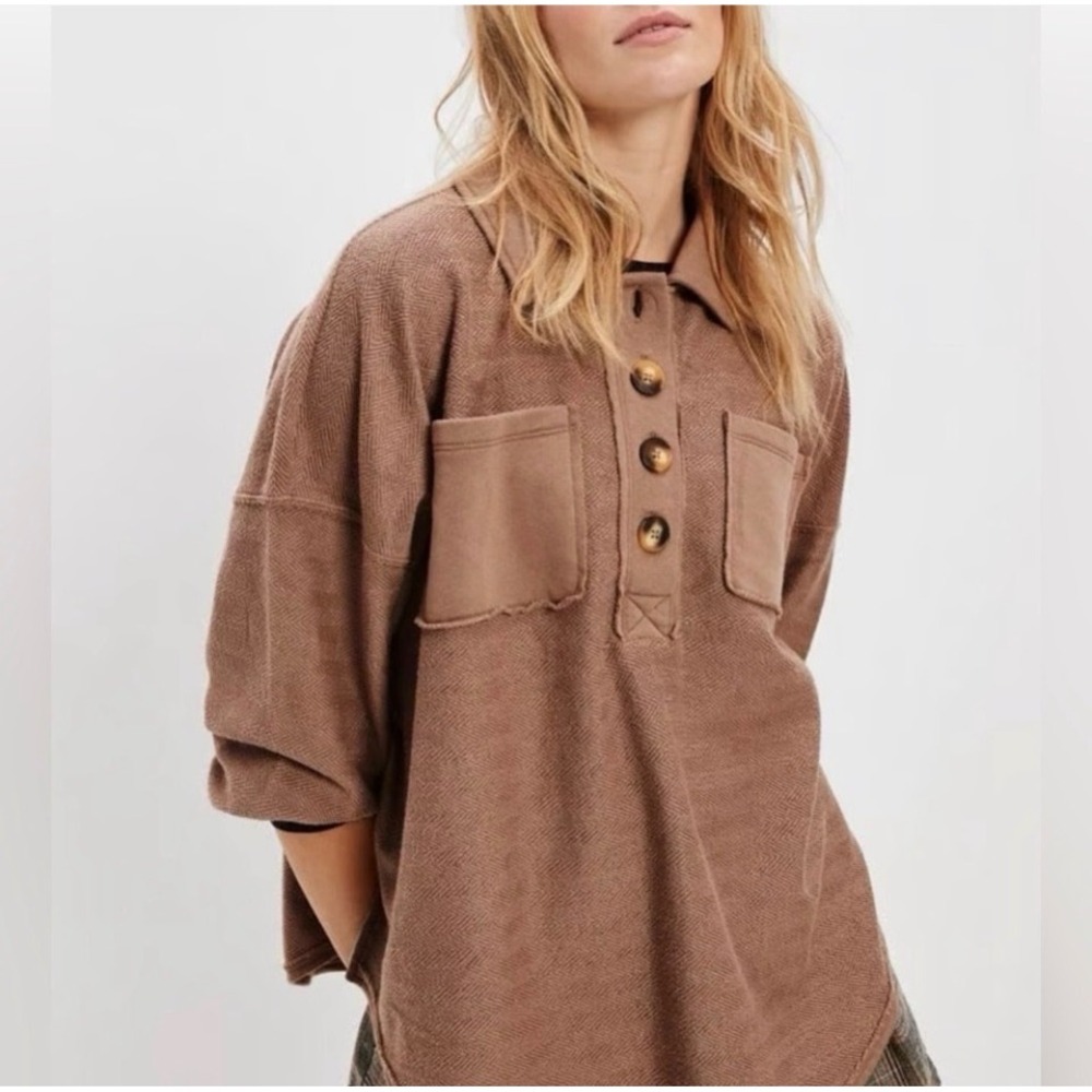 American Eagle AE Women's Oversized Henley Pullover Sweatshirt Brown Large
